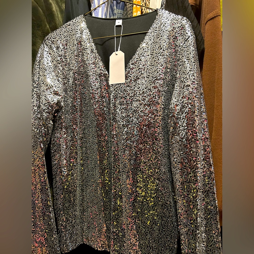 Silver Sequin Sheer Shell over black liner. Long Sleeves, V Neck Size Medium